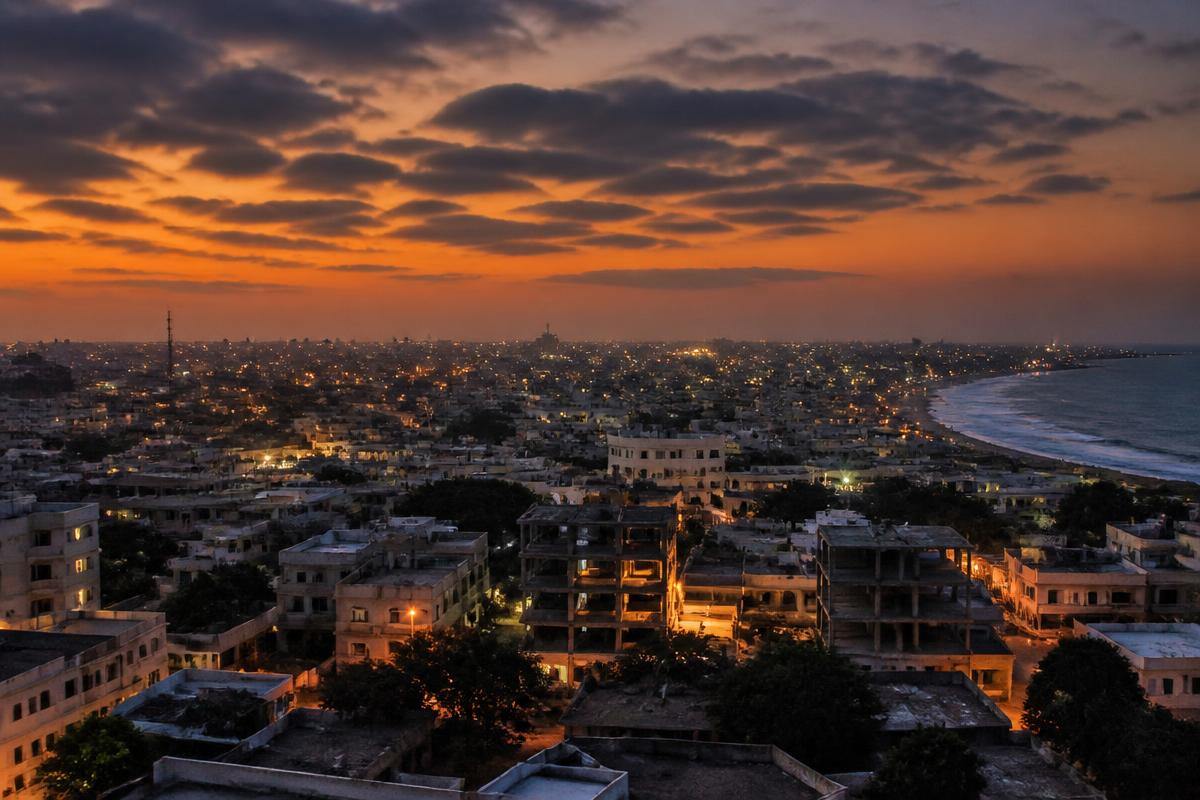 Mogadishu skyline at dusk along the coastline