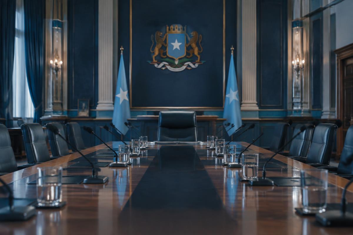 Empty negotiating table with microphones in a Somali government hall