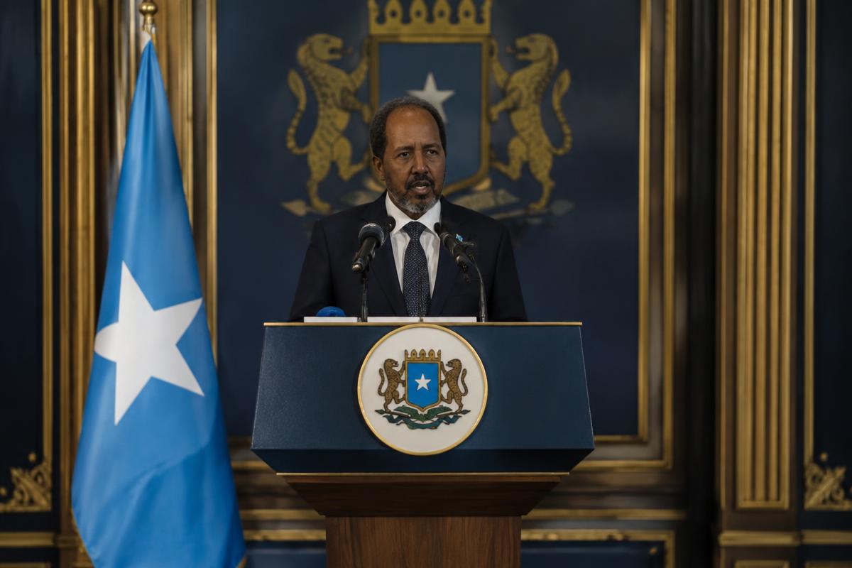 Somali presidential podium with the national flag during an announcement