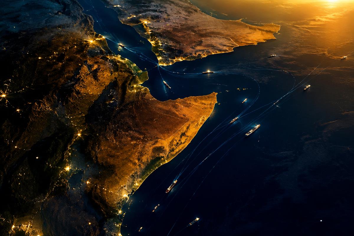 Night-time view of the Horn of Africa coastline and the shipping lanes of the Gulf of Aden