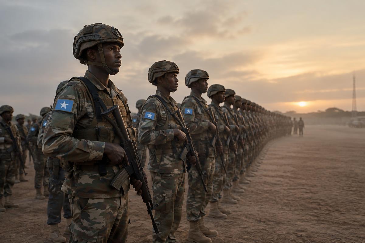 Somali national army troops in formation at a training ground at dawn
