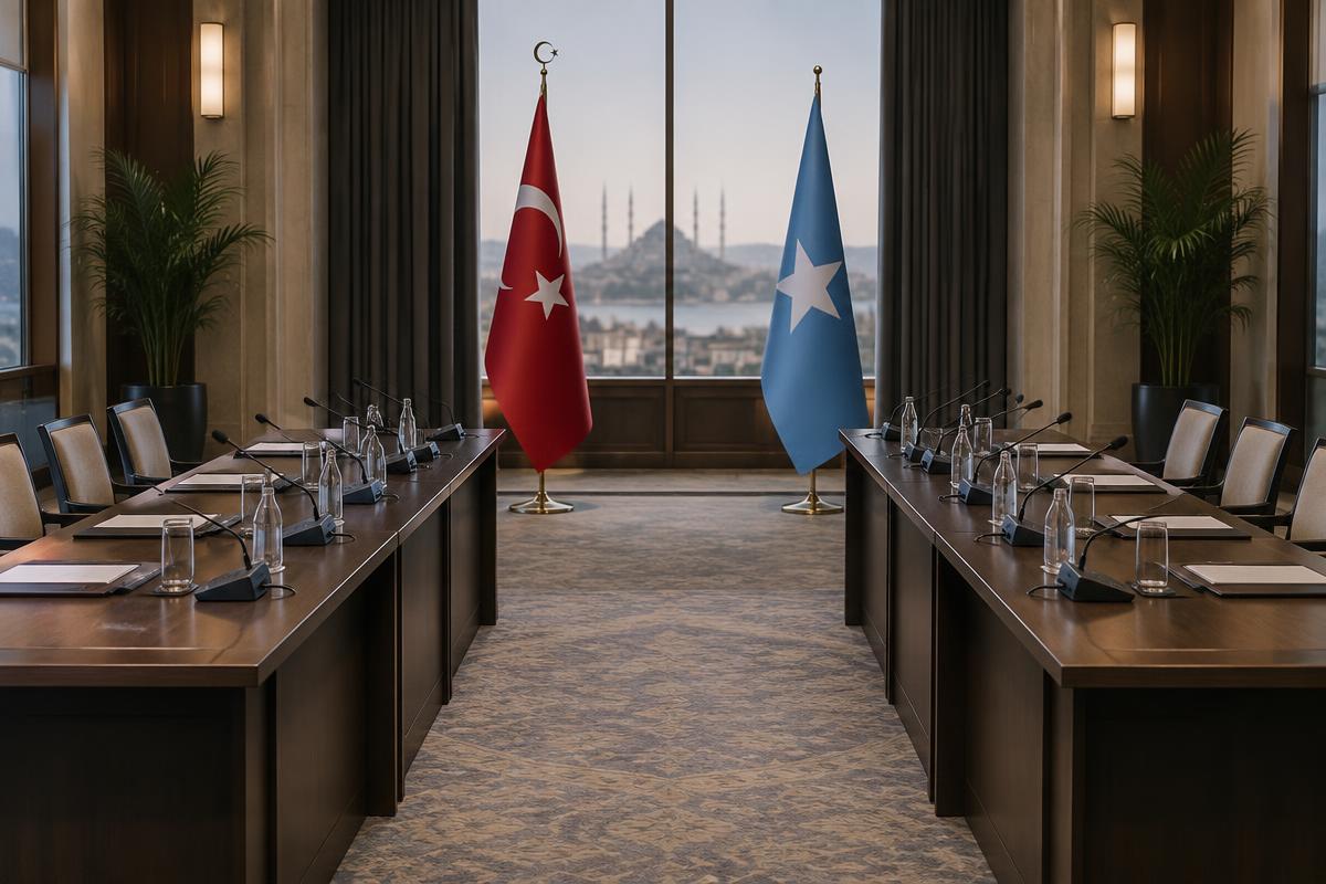 Mediation room with Turkish and Somali flags and two empty delegation tables